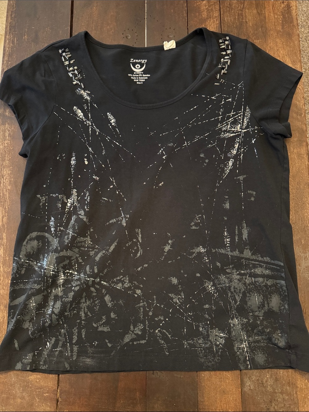 Chico's Black Short Sleeve Graphic Tee with Silver Accents